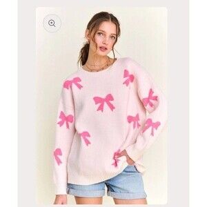 NEW! In The Beginning Pink Bow Sweater Pullover Oversized Large Girly‎ Holiday